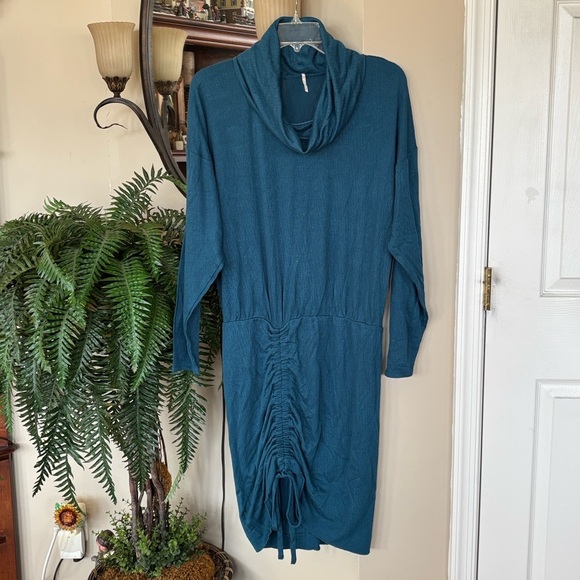 Free People Sundown Cowl Neck Ruched Mini Dress Dark Green Boho Long Sleeve - Picture 15 of 16
